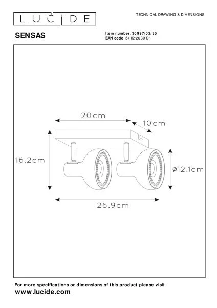Lucide SENSAS - Foco de techo - 2xGU10 (ES111) - Negro - técnico